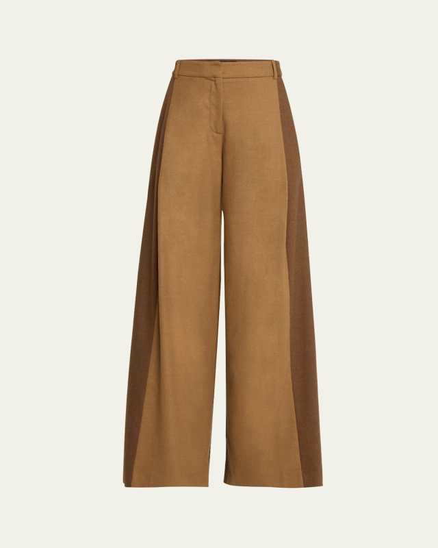 Mixed Wool Flannel Pleated Wide-Leg Pants